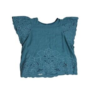 Böhme Linen teal Eyelet Flutter Sleeve boxy top sz S coastal boho cottagecore
